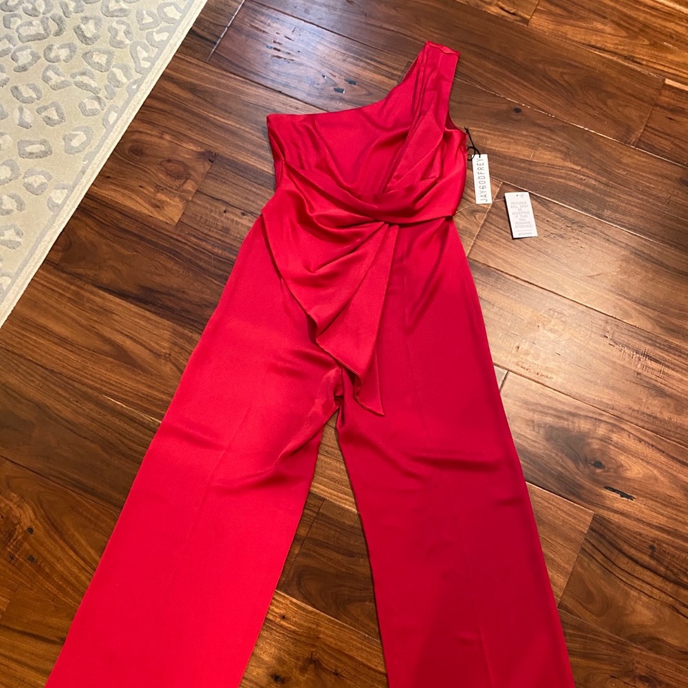 Jay Godfrey Red satin one shoulder jumpsuit